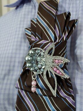 Statement Necktie Necklace with Handcrafted Brooch